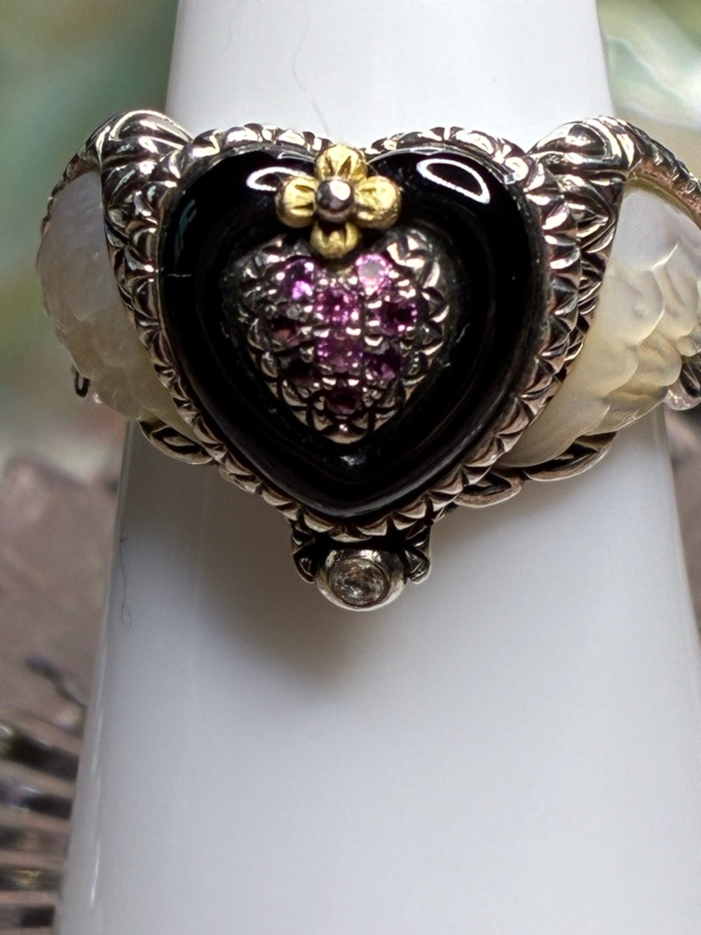 Sterling Silver Barbara Bixby Winged Black Heart Ring with Pink Stones